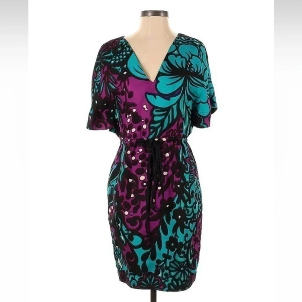 Anthropologie | Yoanna Baraschi Purple Teal Floral 100% Silk Dress Size 2